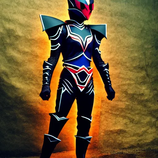 Prompt: High Fantasy Kamen Rider, single character full body, 4k, glowing eyes, rock quarry location, daytime, black rubber suit, pvc armor, dark blue with red secondary color dragon inspired segmented armor, ultra realistic, vibrant colors, Cinematography