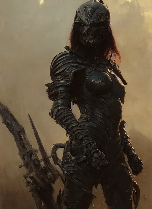 Image similar to red short haired muscular woman wearing flat black armour, detailed by gaston bussiere, bayard wu, greg rutkowski, giger, maxim verehin, greg rutkowski, masterpiece, sharp focus, cinematic lightning