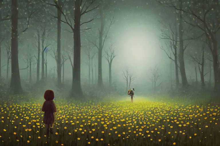 Image similar to giant bunch of daisy flowers head, girl walking in dark forest, surreal photography, dark night, stars, moon light, impressionist painting, clouds, digital painting, artstation, simon stalenhag