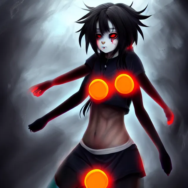 Prompt: an athletic hellhound anime girl with charcoal skin, shaggy black hair and glowing orange eyes, digital art, Behance, pixiv, astonishing, impressive, outstanding, epic, cinematic, stunning, gorgeous, breathtaking fantasy art, masterpiece.