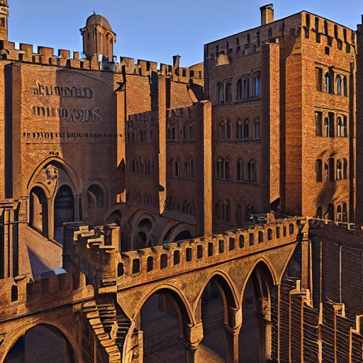 Prompt: Aerial long shot of epic medieval city of epic stone-brick buildings with european arched doorways, crenellated balconies, wood ornaments, flagpoles, tiny ornate windows, planned by Syd Mead, Arnold Render, Quixel Megascans