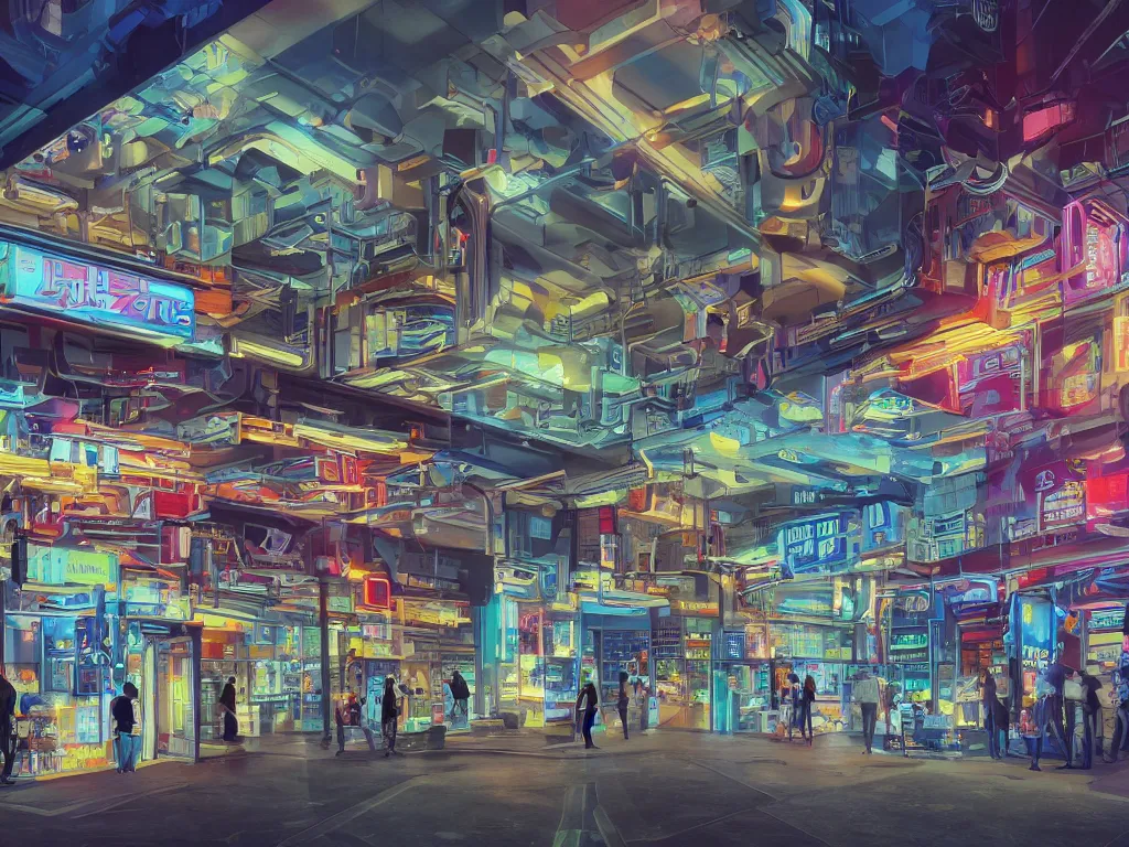 Prompt: futuristic sci-fi city convenience store at night with bright neon lights in two point perspective, heavy contrast, primarily blue in color with orange and green accents, vibrant, contrast, 4k, volumetric, HDR, crisp, detailed, beautiful, concept art, matte painting, artstation, trending, dynamic, colorful, spacious, reflective windows, futuristic cars, people, robots, sharp detailed reflections