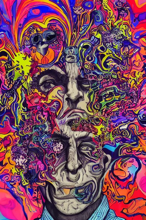 Image similar to a man with a psychedelic face with many deformed and chaotic monsters on his face