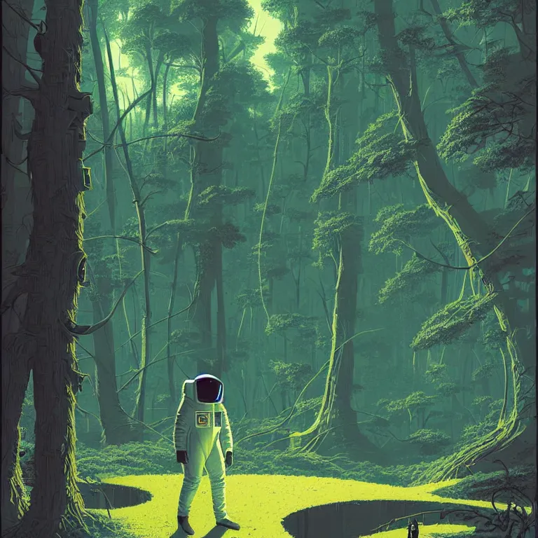 Image similar to illustration of a futuristic astronaut in a forest, highly detailed, by James Gilleard and Bruce Pennington