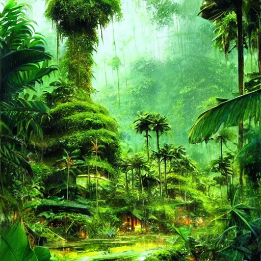 Image similar to a village in the rainforest, highly detailed, hd, beautiful, sharp focus, vine, lush plants, smoothly, artstation, by john berkey