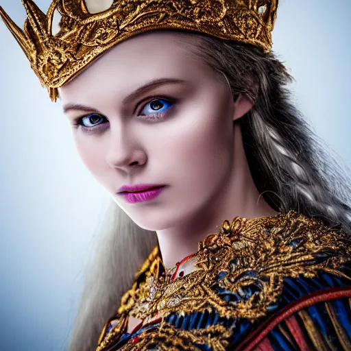 Prompt: photo of a beautiful! nordic queen, ornate , telephoto lens, incredibly detailed, 8k, HDR, studio, cinematic, realistic