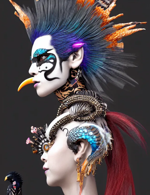 Image similar to 3 d goddess close - up profile portrait punk with mohawk with ram skull. beautiful intricately detailed japanese crow kitsune mask and clasical japanese kimono. betta fish, jellyfish phoenix, bio luminescent, plasma, ice, water, wind, creature, artwork by tooth wu and wlop and beeple and greg rutkowski