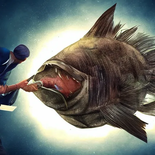 Image similar to giant anglerfish with a human-shaped esca, digital art, epic, dynamic, cinematic