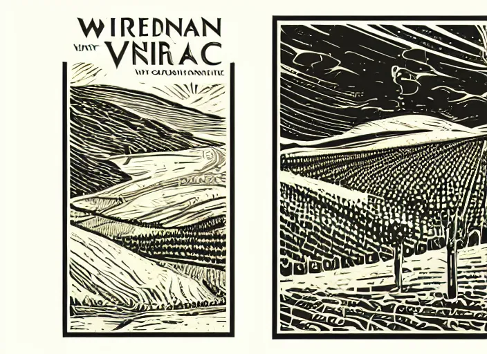 Image similar to wine label, vector graphic, linocut vineyard landscape by greg rutkowski, fine details, highly detailed