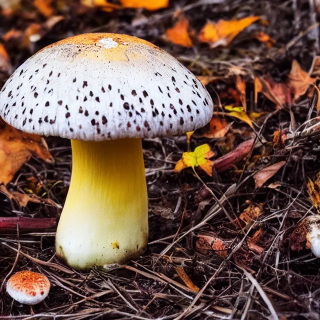 Prompt: amanita bisporigera mushroom, autumn, nature photography, canon, sony, nikon, olympus, 4 k, hd