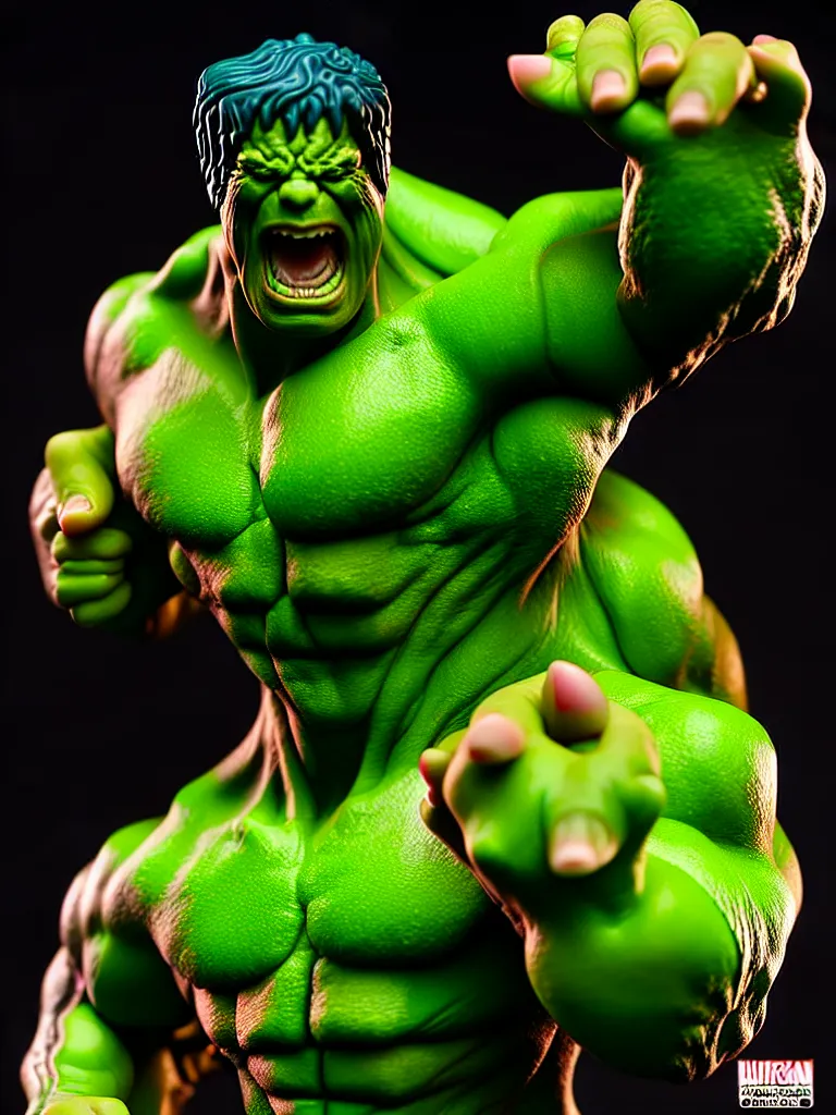 Prompt: hyperrealistic rendering, hulk by bernie wrightson and killian eng and joe fenton, product photography, action figure, sofubi, studio lighting, colored gels, colored background