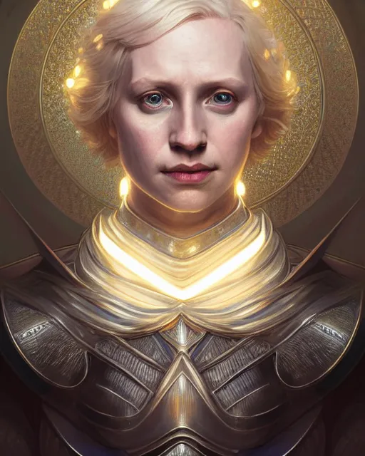 Image similar to symmetry portrait of brienne of tarth, fantasy, silver armor, glowing lights intricate, elegant, highly detailed, digital painting, artstation, concept art, smooth, sharp focus, illustration, art by artgerm and greg rutkowski and alphonse mucha