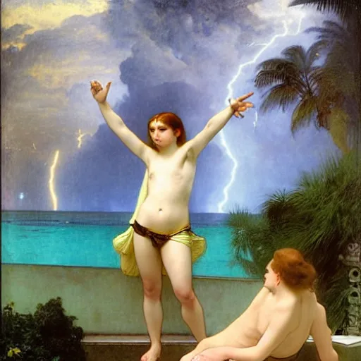 Image similar to Girl throwing gand signs at the palace, thunderstorm, pool, beach and palm trees on the background major arcana sky, by paul delaroche, alphonse mucha and arnold böcklin arnold böcklin hyperrealistic 8k, very detailed