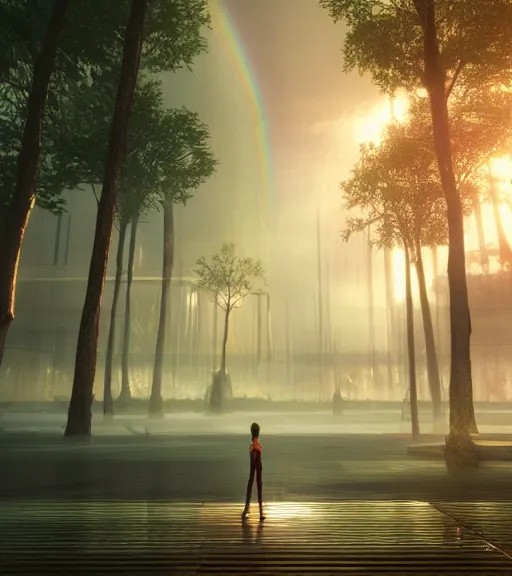 Prompt: symmetric drop daydreaming of the god of sun glare, fluid dance of the virtual space, big cotton sheets in the center of the air, cyberpunk forest, majestic light, octane render, beauty fog, ethereal glare of the sun, raining rainbow, volumetric lighting, hyperealistic, epic, masterpiece