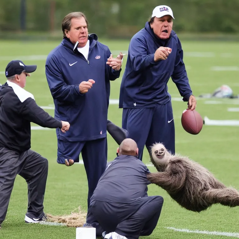 Prompt: A frustrated coach Belichick attempting to teach a sloth to play football