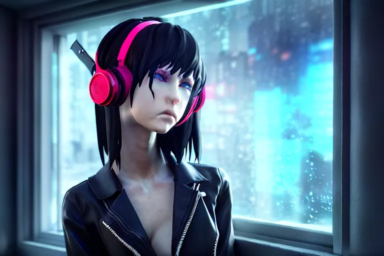 Prompt: a girl with headphones is looking at a rainy window in the style of a code vein character creation, cyberpunk art by Yuumei, cg society contest winner, rayonism light effects and bokeh, daz3d, vaporwave, deviantart hd , the secret world