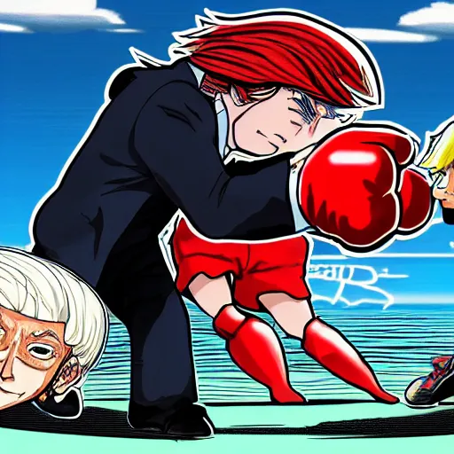 Prompt: A detailed picture of anime Bernie Sanders punching Donald Trump in the face on the side of a mountain