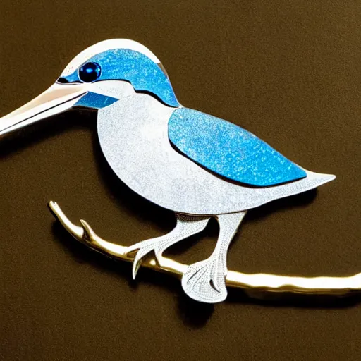 Image similar to wall art of a real life kingfisher made out of reflective crystal and very reflective polished metal, in the background is a forest, product photography