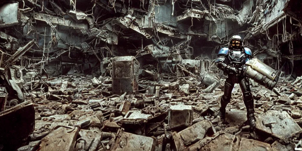 Image similar to color film still, a space marine exploring inside a destroyed settlement ; alien 2 ( 1 9 8 6 )