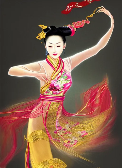 Prompt: full body portrait of a chinese dancer doing a silk ribbon dance, feet, barefoot, full body, lean, vivacious, extremely beautiful, elaborate gold jewelry, hanfu, traditional chinese clothes, silk ribbons, large ribbons, ming dynasty, detailed, realistic face, anatomically accurate, fantasy art, in the style of ghostblade, wlop.