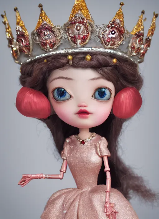 Image similar to closeup profile portrait of tin toy fairytale princess wearing a crown, depth of field, zeiss lens, detailed, symmetrical, centered, fashion photoshoot, by nicoletta ceccoli, mark ryden, lostfish, breathtaking, 8 k resolution, extremely detailed, beautiful, establishing shot, artistic, hyperrealistic, octane render