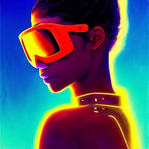 Prompt: zendaya wearing opaque reflective goggles profile picture by Greg Rutkowski, brown skin, very long hair, dune, asymmetrical, futuristic, neon volumetric lights, cool colors, streetwear, studio ghibli, Organic Painting , Matte Painting, geometric shapes, hard edges, street art, trending on the artstation, fantasy LUT, realistic by Sachin Teng + Martin Grip + Moebius, techwear, Industrial Scifi, detailed illustration, character portrait, blurred background