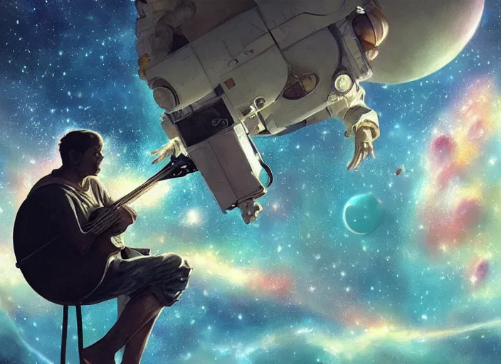 Image similar to craig mullins and ghibli digital illustration of an astronaut floating in the middle of the cosmos playing the oud playing the oud oud oud!!! improvisation, full body!!!, strong contrast, earth, galaxies, ethereal, inviting, bright, unreal engine, hyper realism, realistic shading, cinematic composition, wide shot