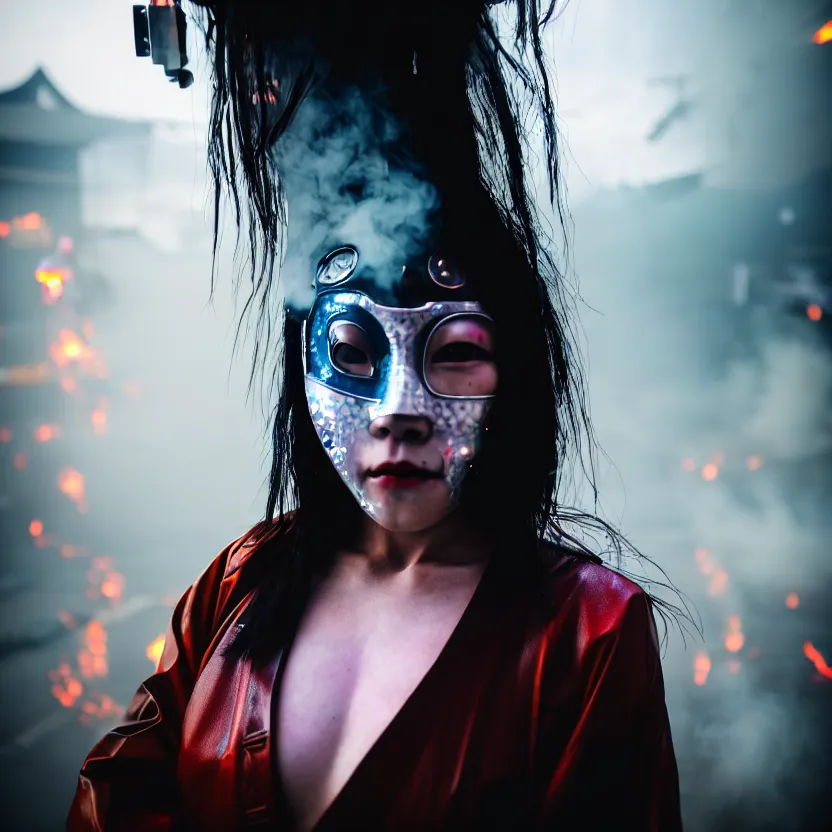 Image similar to a photo close up cyberpunk woman, wearing japanese mask, fire dance in cyberpunk dirty alley, smoke mist rain, cyberpunk gunma prefecture, midnight, photorealistic, cinematic color, studio lighting, highly detailed, bokeh, style by tomino - sama