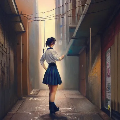 Image similar to a perfect, realistic professional oil painting of a Japanese schoolgirl posing in a dystopian alleyway, style of Marvel, full length, by a professional American senior artist on ArtStation, a high-quality hollywood-style concept