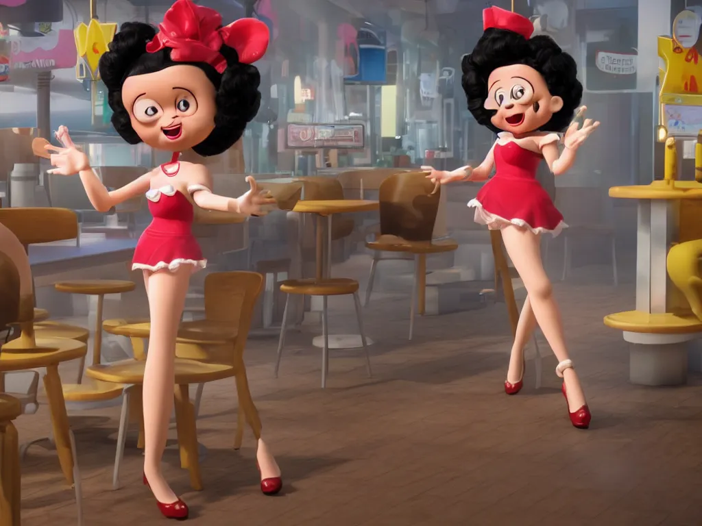 Prompt: anthropomorphic animatronic Betty Boop in Mc Donalds, real hair, dimly lit, liminal space, photorealistic, unrealengine octane 3d render