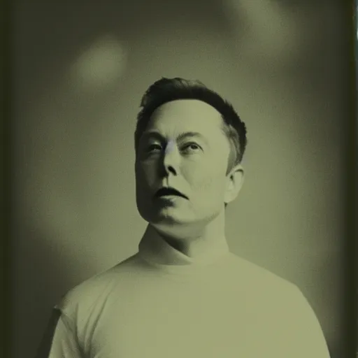 Image similar to elon musk as a ghost photography with bulbous ectoplasm, daguerreotype