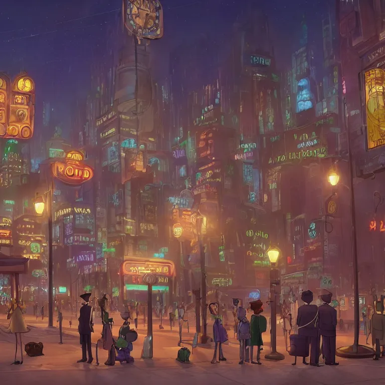 Image similar to few people waiting in a bus stop in dark city night, detailed, high quality, high resolution, screenshot from Zootopia