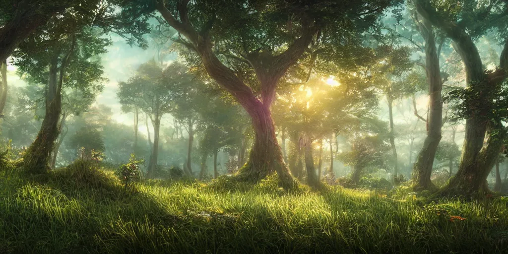 Prompt: the aesthetic view of the beautiful, grand, wistful, dreamy landscape of an open forest at dusk, hyper realistic photograph, rainbow colorful, extremely detailed, insanely intricate linework, super sharp focus, extremely bright colors, octopath traveler, studio ghibli, unreal engine 5 highly rendered, global illumination, radiant light, detailed and intricate environment