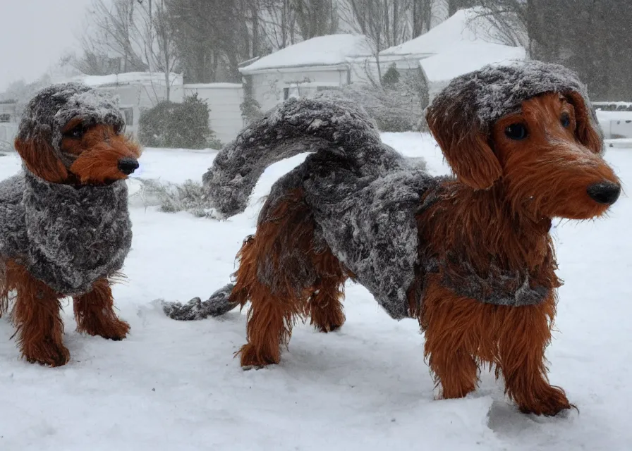 Prompt: Giant prehistoric woolly dachshund, in the middle of a snow storm
