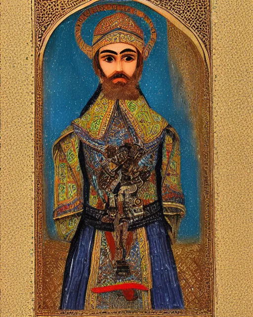 Prompt: Persian miniature portrait of a robot saint made of cables and robotic pod