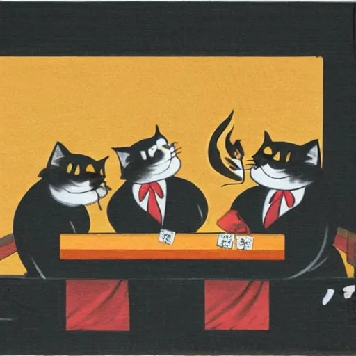 Image similar to fat mobster cats gambling at a table with a single light overhead, smoke fills the room, japanese art style