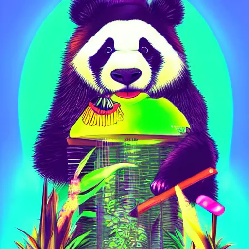 Image similar to a panda eating a sugar cane, wearing a fish tank on his head, digital art, synthwave style