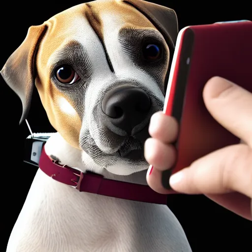 Prompt: A dog holding a phone, taking a selfie, selfie photography, photorealistic imagery, trending on artstation, 4k, 8k