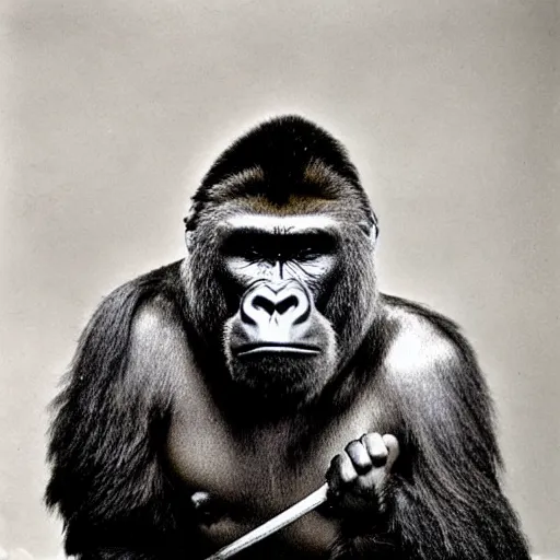 Image similar to “gorilla in full samurai outfit, 1900’s photo”