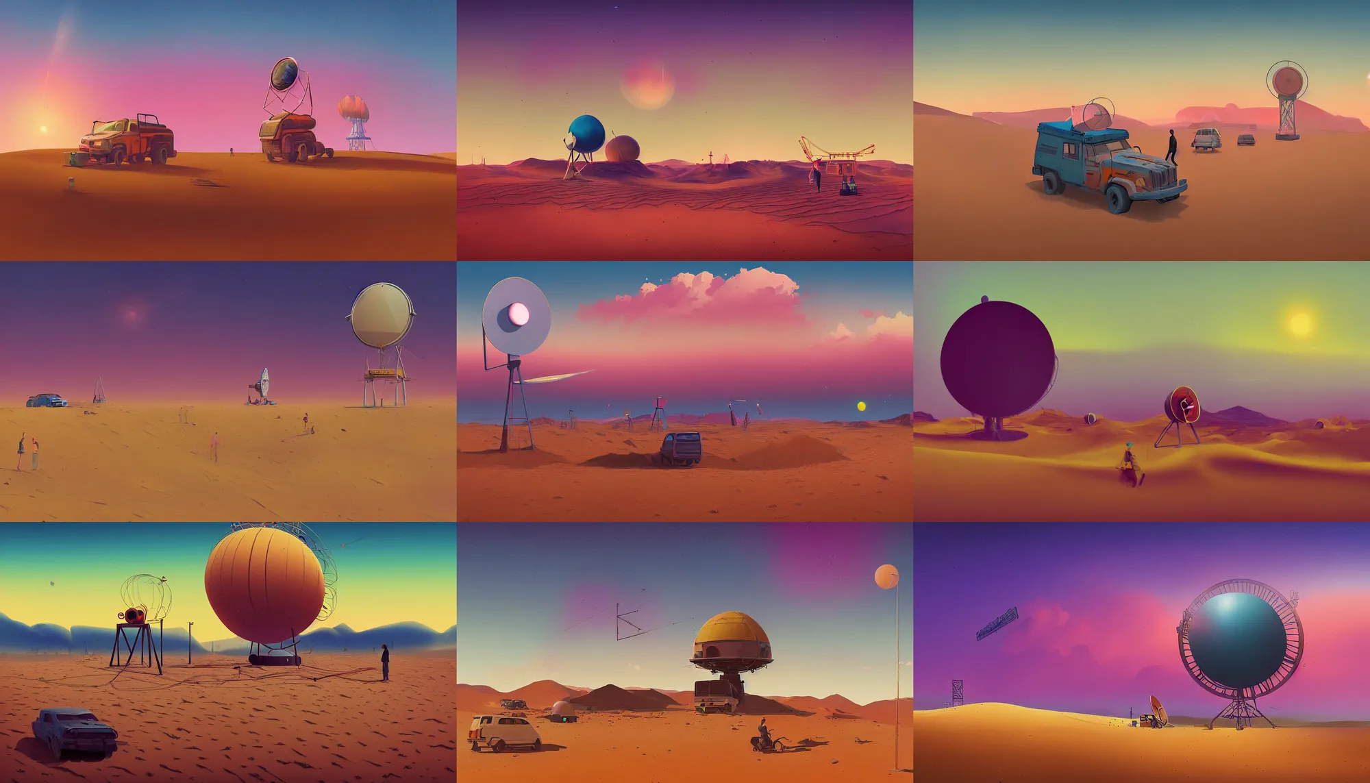 Prompt: colourful sky, desert, radio telescope, big dunes, matte painting, art station, digital art, simon stalenhag