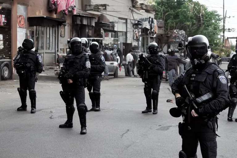 Image similar to cinematography riot police on the street in small town by Emmanuel Lubezki