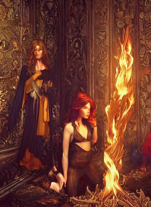 Prompt: firestarter inside covens den, intricate wiccan scene detailing, hyperdetailed, photorealistic, diffuse lighting, hdrp, artstation, unreal 5, smooth, textless, sharp focus, art by john collier, albert aublet, krenz cushart, artem demura, alphonse mucha