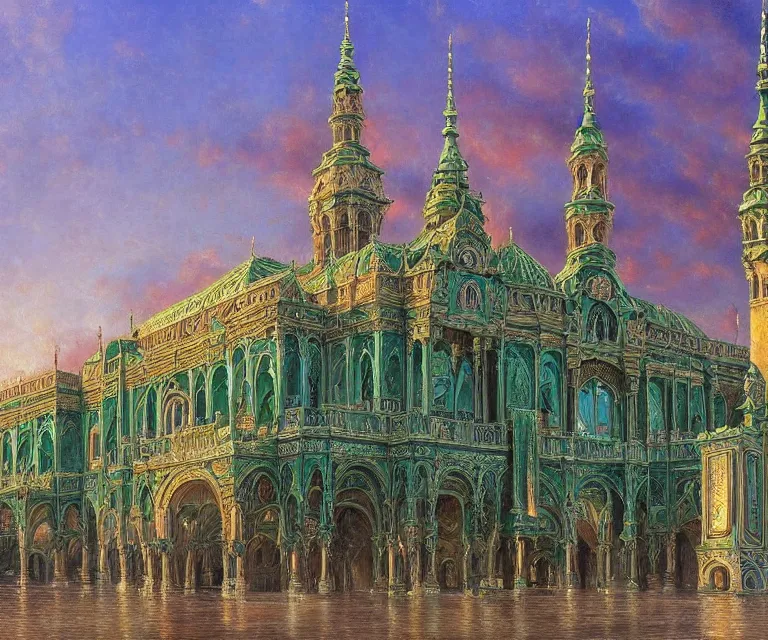 Image similar to a detailed oil painting of an intricate, ornate arabian prague palace made of green, polished semiprecious malachite marble and jade, hyper detailed, hd, artstation, beautiful sunrise lighting, by john williams waterhouse, thomas kincade, michael whelan and donato giancola