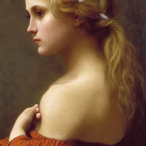 Prompt: portrait of annasophia robb, blond hair, scar on cheek, bouguereau