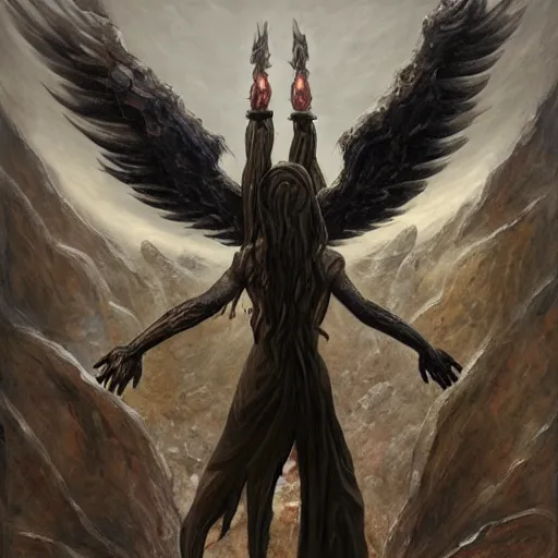 Image similar to polished hewn rectangular granite rock with a demon face, wings sprouting from the back, fantasy, oil painting, style of seb mckinnon