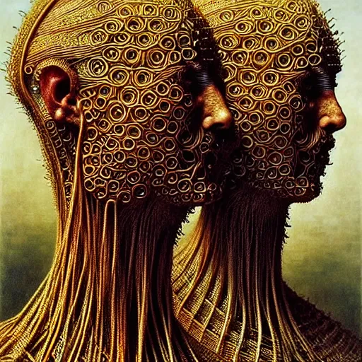 Image similar to siamese twins made of spaghetti, intricate armor made of spaghetti fractals, ancient warrior, samurai style, by giuseppe arcimboldo and ambrosius benson, renaissance, intricate and intense oil paint, a touch of beksinski, realistic