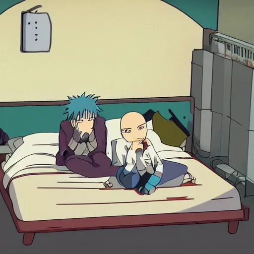 Prompt: bedroom in studio ghibli, Kakashi Hatake sitting on bed, Saitama standing next to bed, anime style