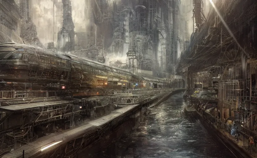 Image similar to An urban train rides inside of a waterway on a fantasy city, hyperrealistic mixed media, stunning 3d render inspired art by P. Craig Russell and Barry Windsor-Smith + perfect facial symmetry + dim volumetric lighting, 8k octane beautifully detailed render, post-processing, extremely hyperdetailed, intricate futuristic mechanic parts, epic composition, grim yet sparkling atmosphere, cinematic lighting + masterpiece, trending on artstation