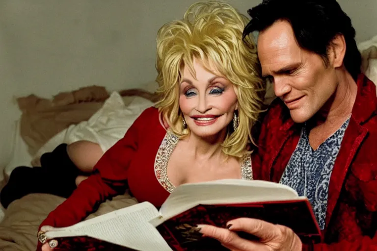 Image similar to portrait of dolly parton reading a bedtime story to jim carrey in bed,