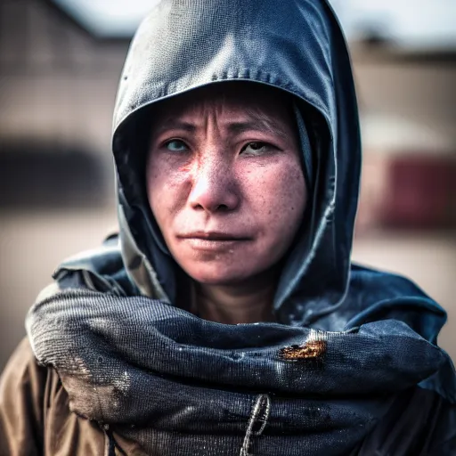 Image similar to photographic portrait of a poor techwear woman holding back tears, a futuristic shanty town burns in the background, closeup, sigma 85mm f/1.4, 4k, depth of field, high resolution, 4k, 8k, hd, full color